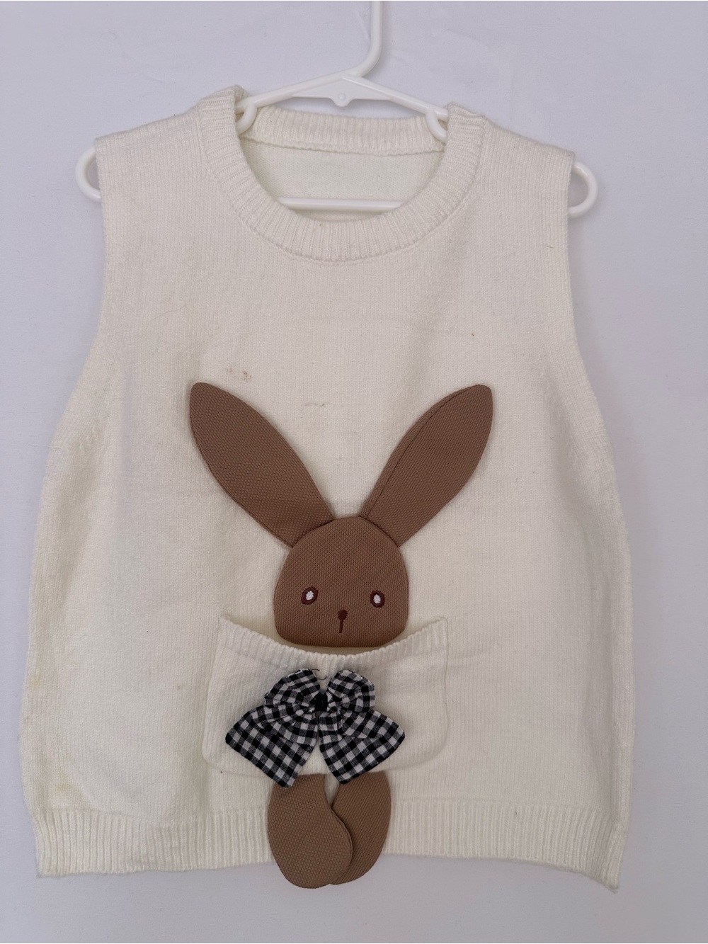 Kids Cream Bunny Pocket Sweater Vest with Brown Applique